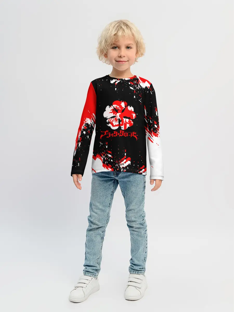Детский лонгслив / Черный Клевер с ярким красным куском