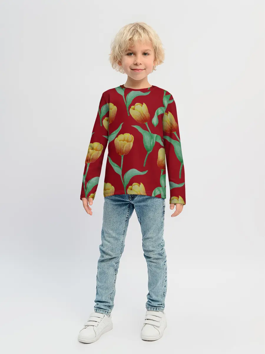 Детский лонгслив / Тюльпаны на красном фоне