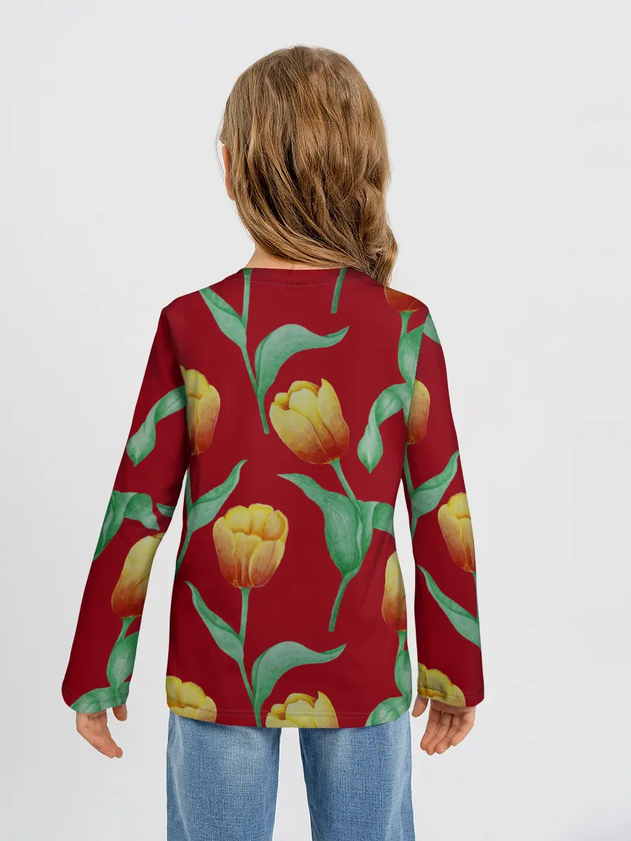 Детский лонгслив / Тюльпаны на красном фоне