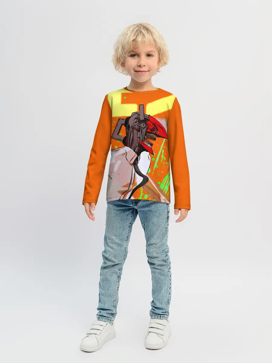 Детский лонгслив / Человек-Бензопила на голубом фоне