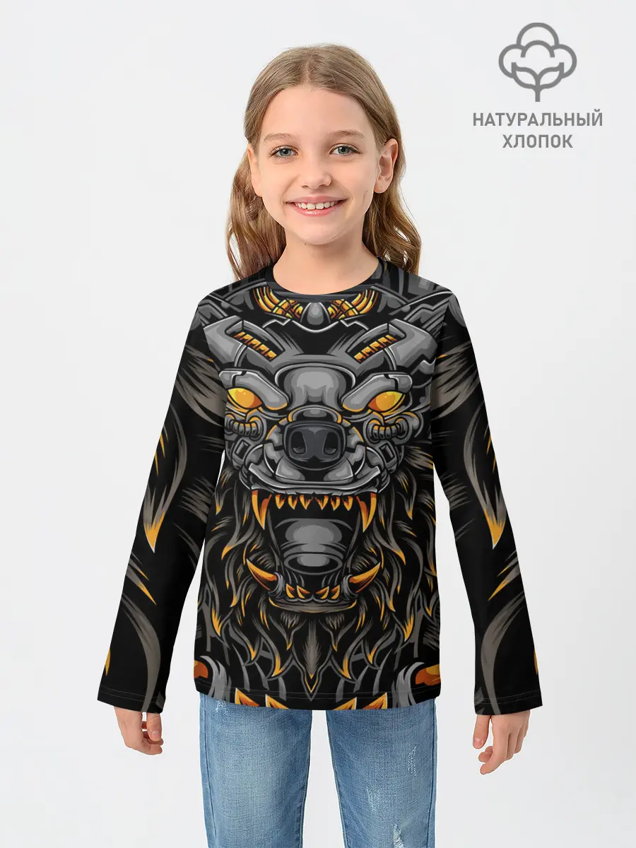 Детский лонгслив / Хищный лев киборг