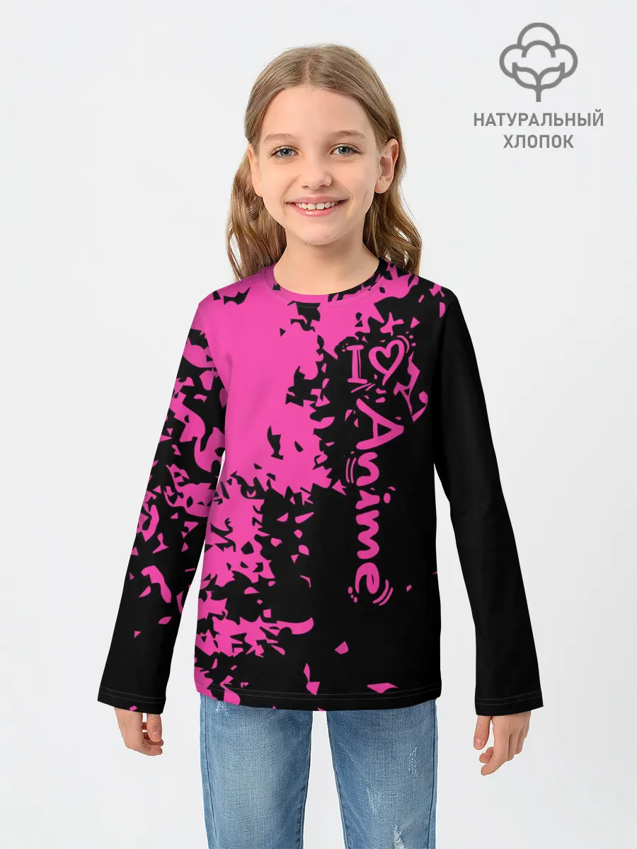 Детский лонгслив / Love anime розовые кляксы на черном