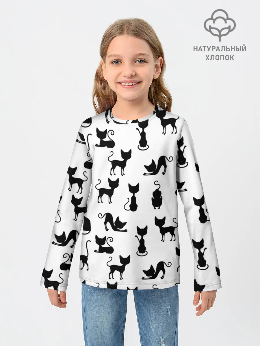 Детский лонгслив / КОШКИ БЕЛОЕ НА ЧЕРНОМ