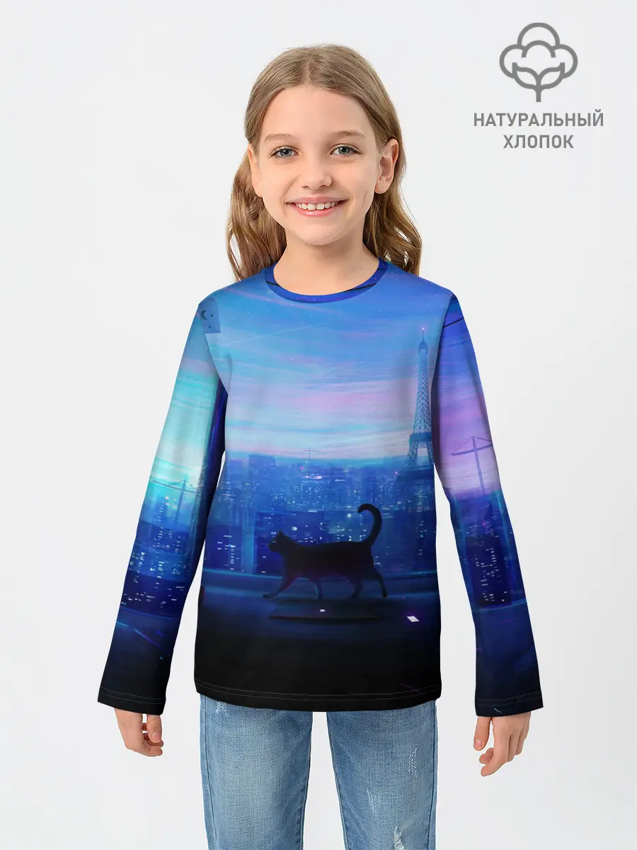 Детский лонгслив / Кошка арт окно