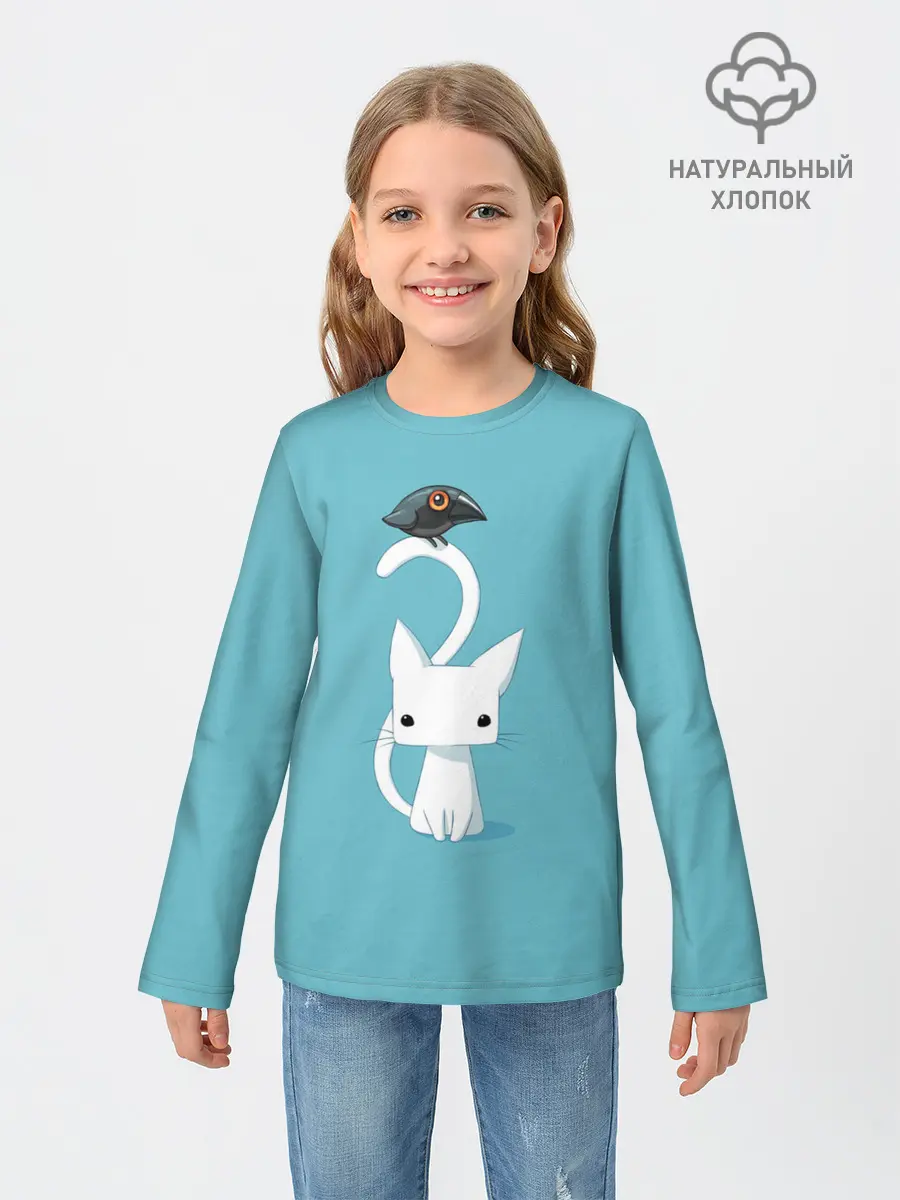 Детский лонгслив / Белый котик и воробушек