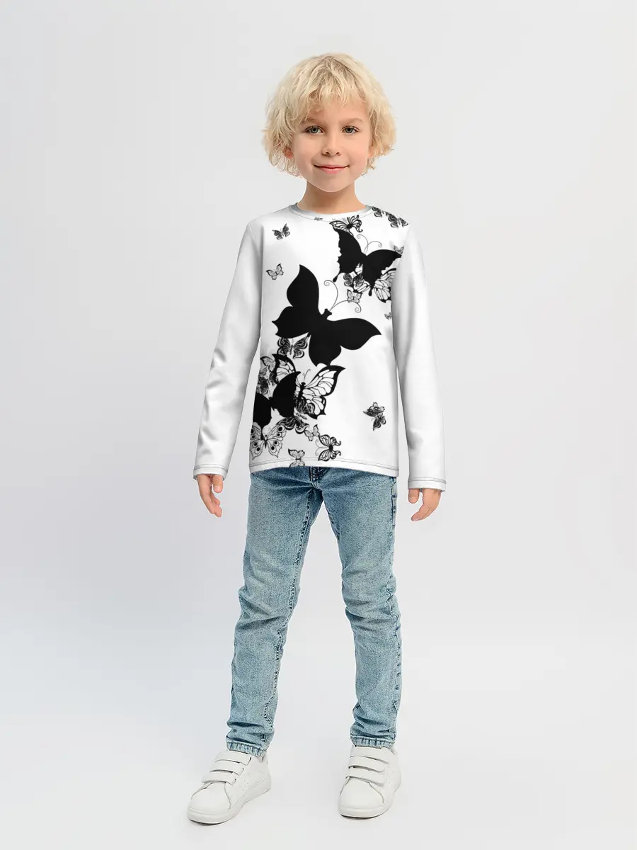 Детский лонгслив / Черные бабочки на белом