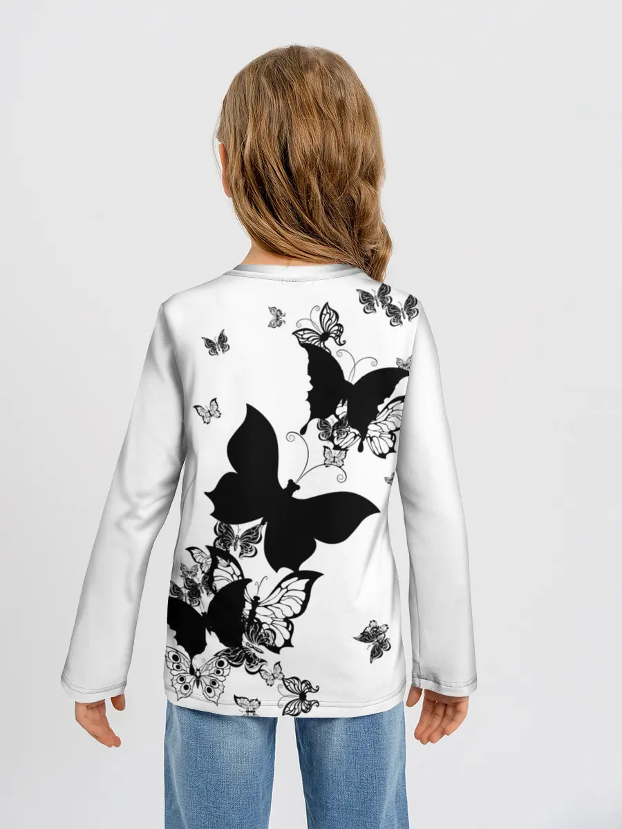 Детский лонгслив / Черные бабочки на белом