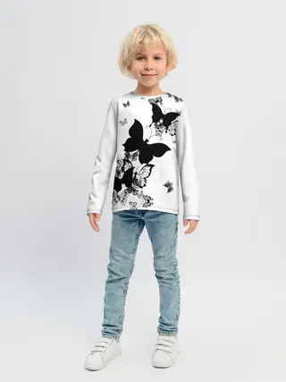 Детский лонгслив / Черные бабочки на белом