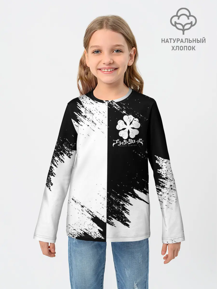 Детский лонгслив / Черный Клевер инверсированный фон