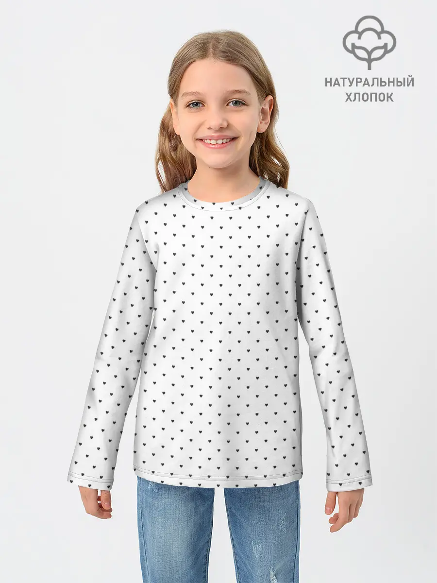 Детский лонгслив / Сердечки черные на белом