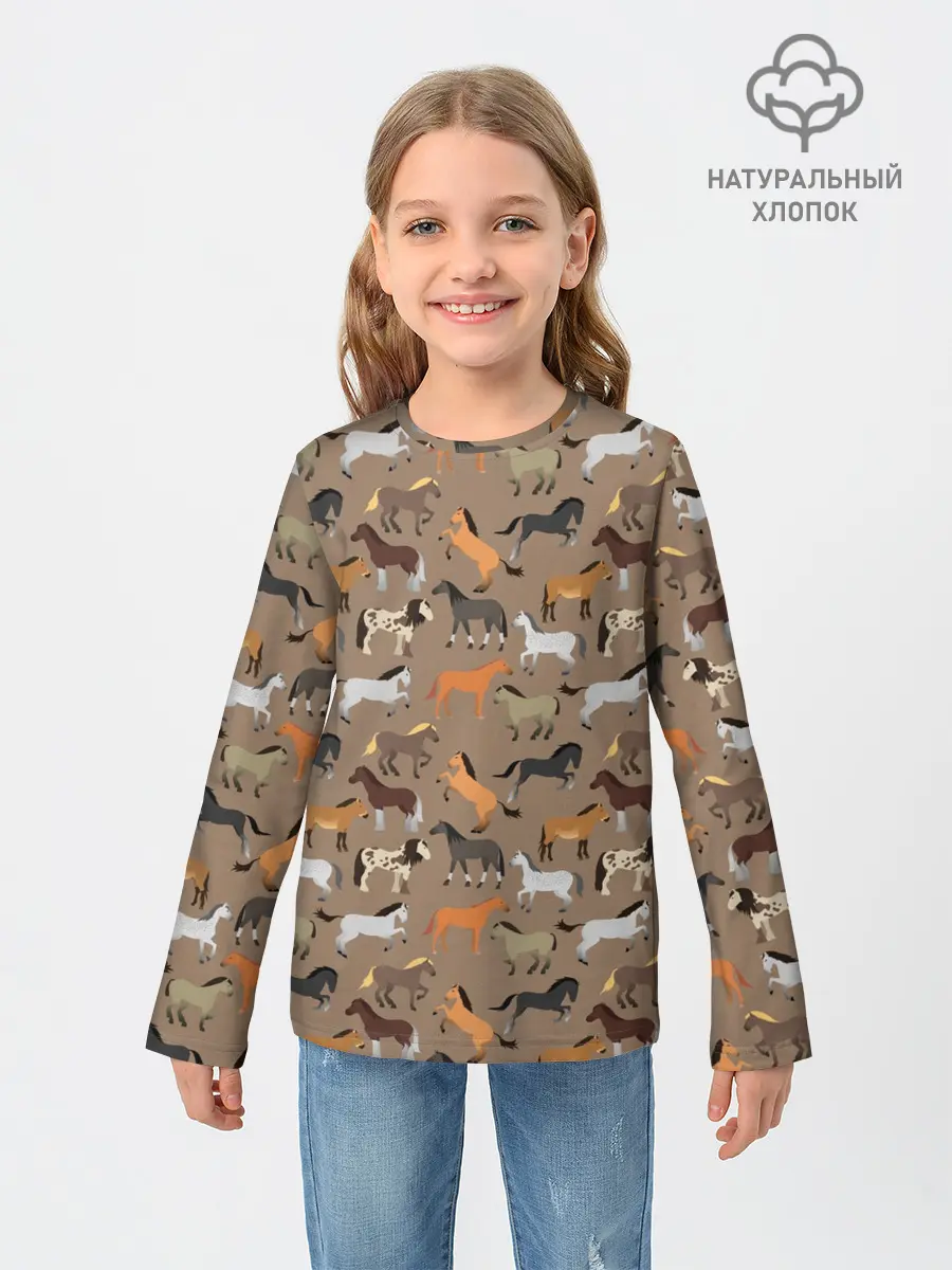 Детский лонгслив / кони-лошади