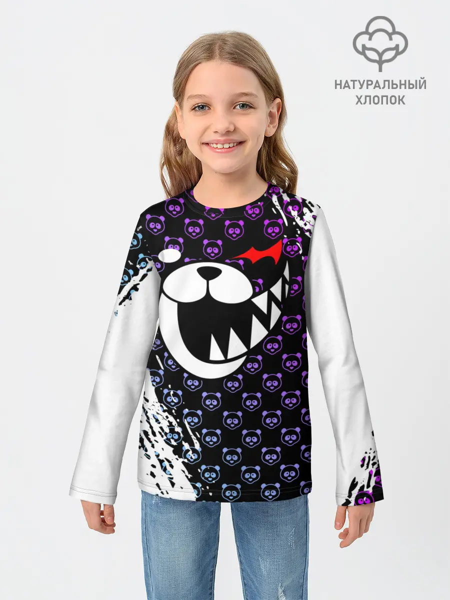Детский лонгслив / Монокума на фиолетовом паттерне