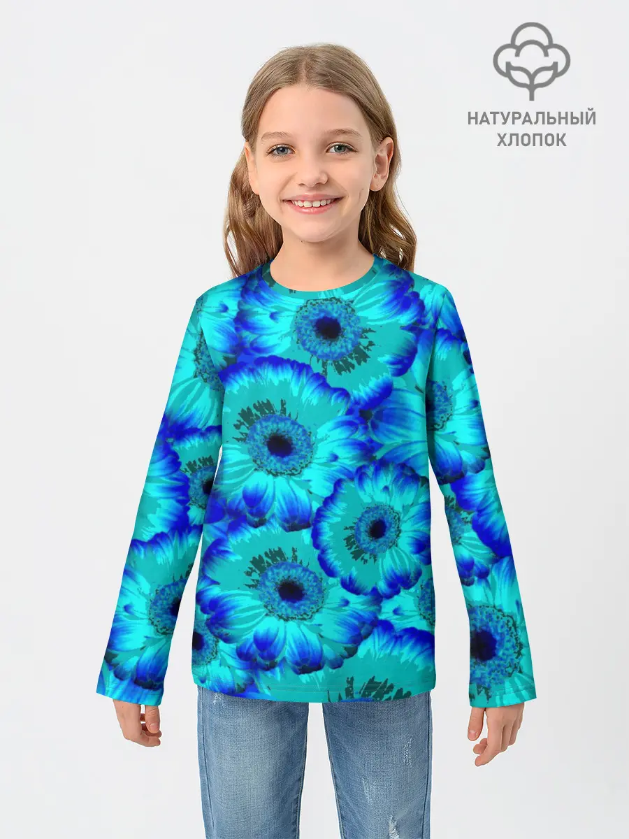 Детский лонгслив / Голубые хризантемы