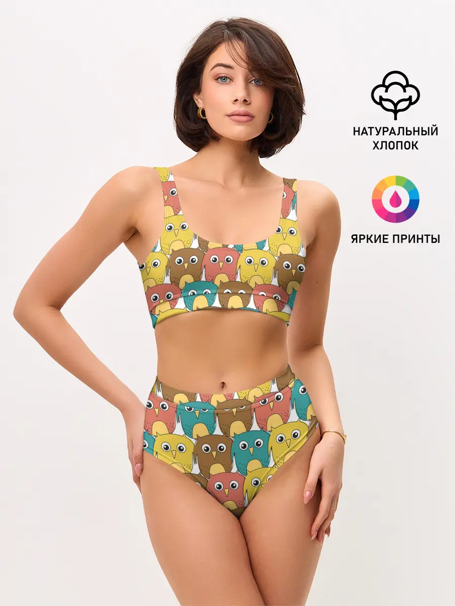 Женские топ и трусы / Разноцветные совы