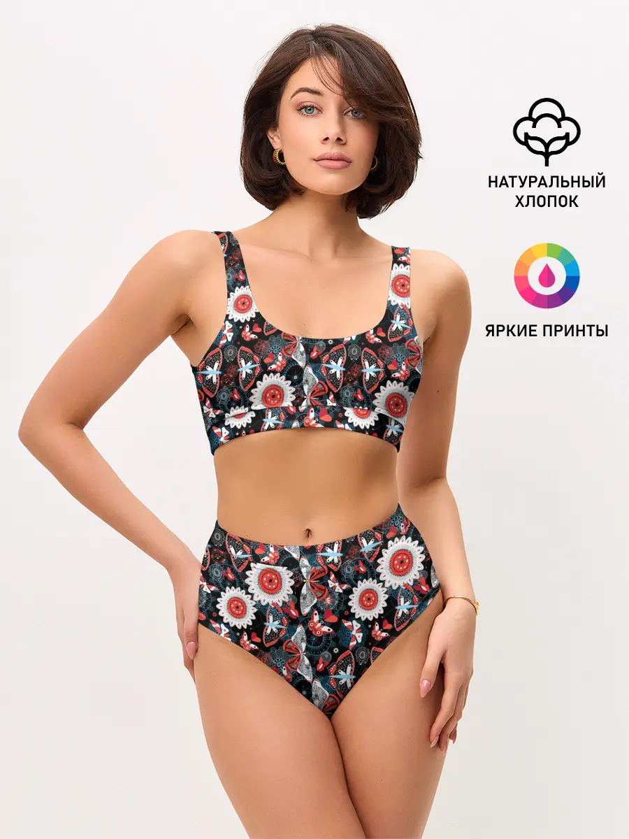 Женские топ и трусы / Паттерн из Бабочек с Цветами