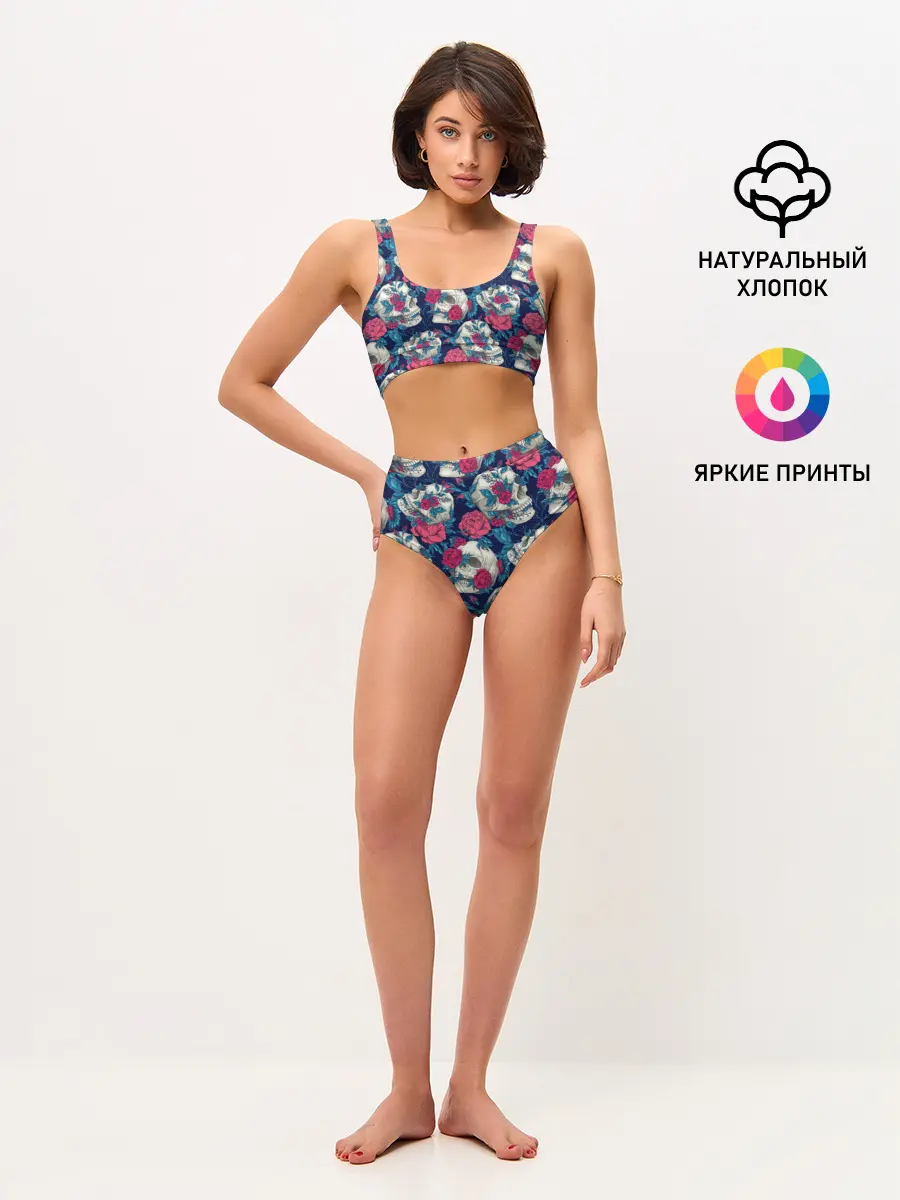 Женские топ и трусы / Реалистичные черепа с розами