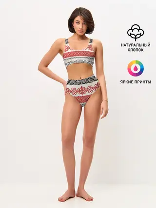 Женские топ и трусы / Славянский узор красно-черный