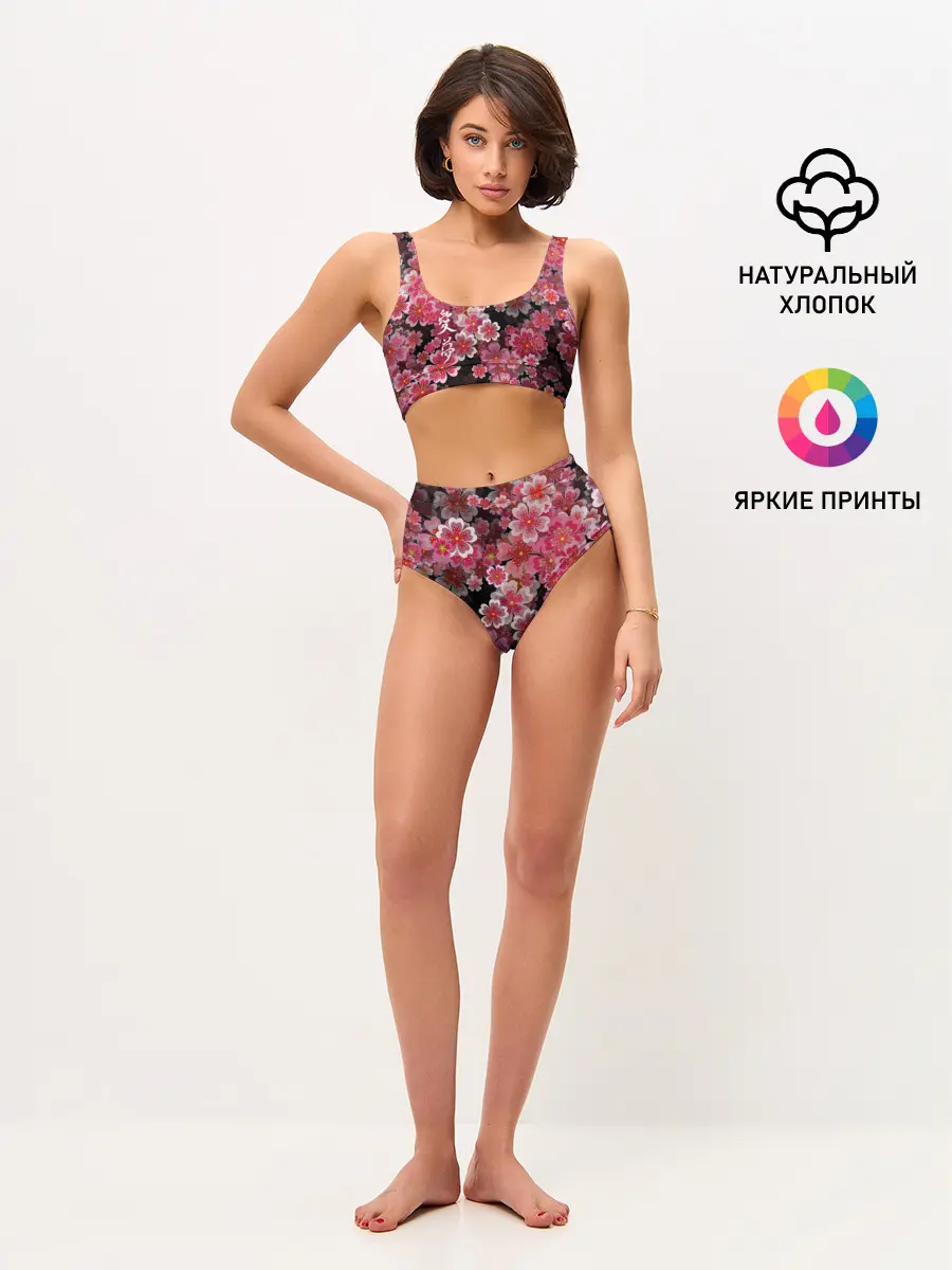 Женские топ и трусы / Иероглифы и Сакура 3D