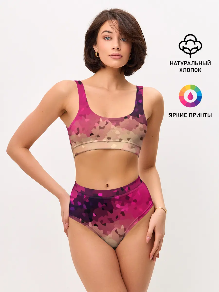 Женские топ и трусы / Бежево-малиновый абстрактный