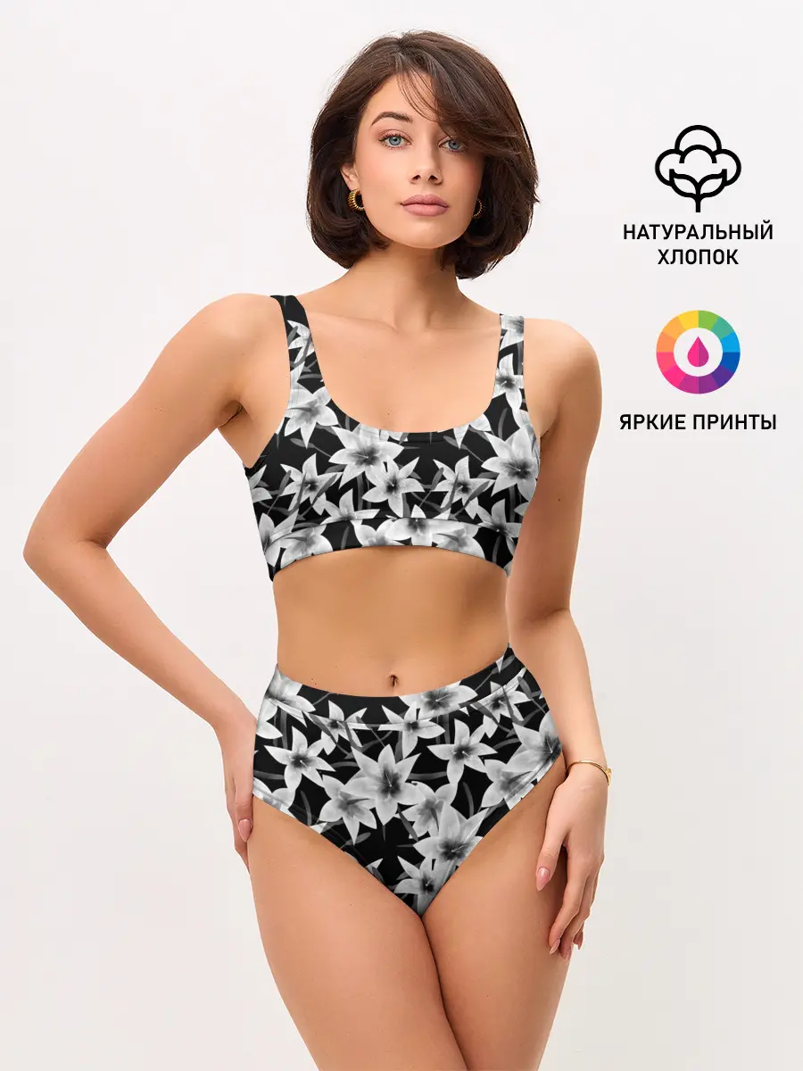 Женские топ и трусы / Лилии черно-белые
