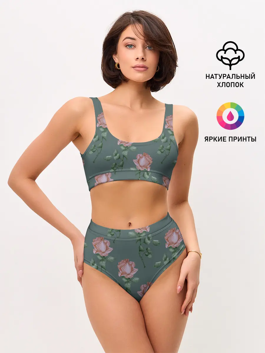 Женские топ и трусы / Красные розы на зеленом фоне