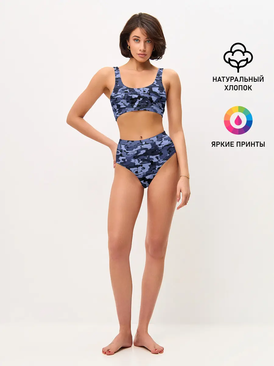 Женские топ и трусы / Синий камуфляж в клетку