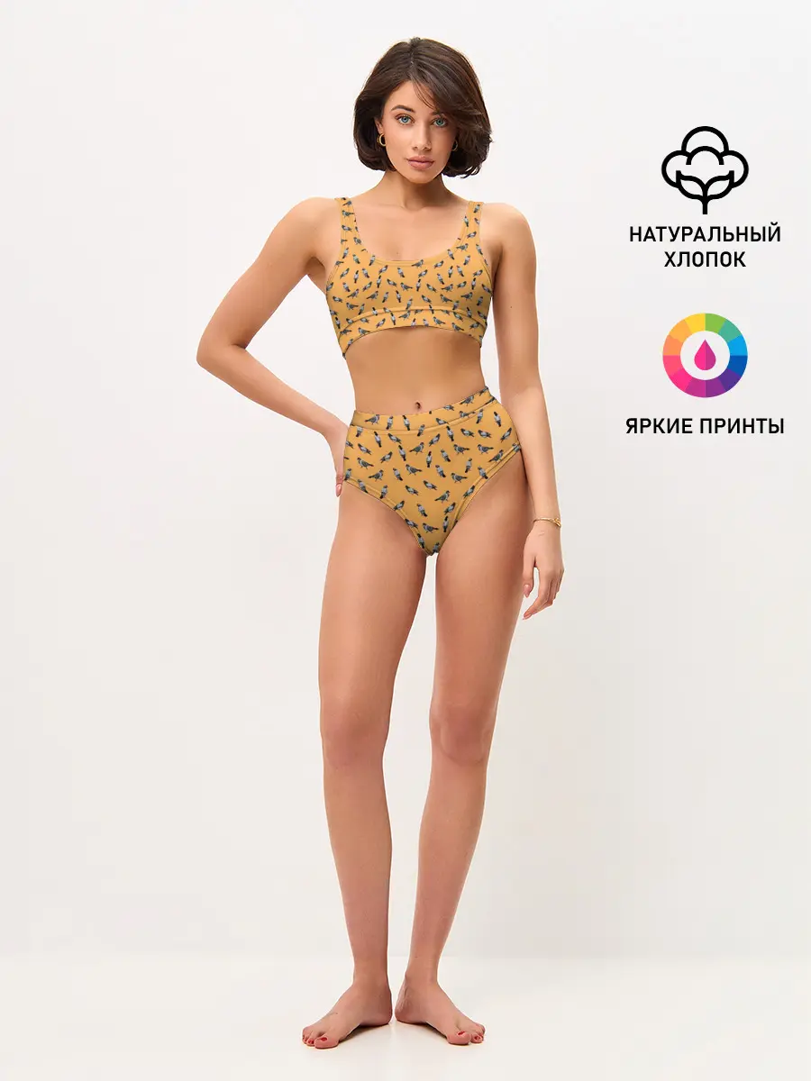 Женские топ и трусы / Голуби паттерн на желтом