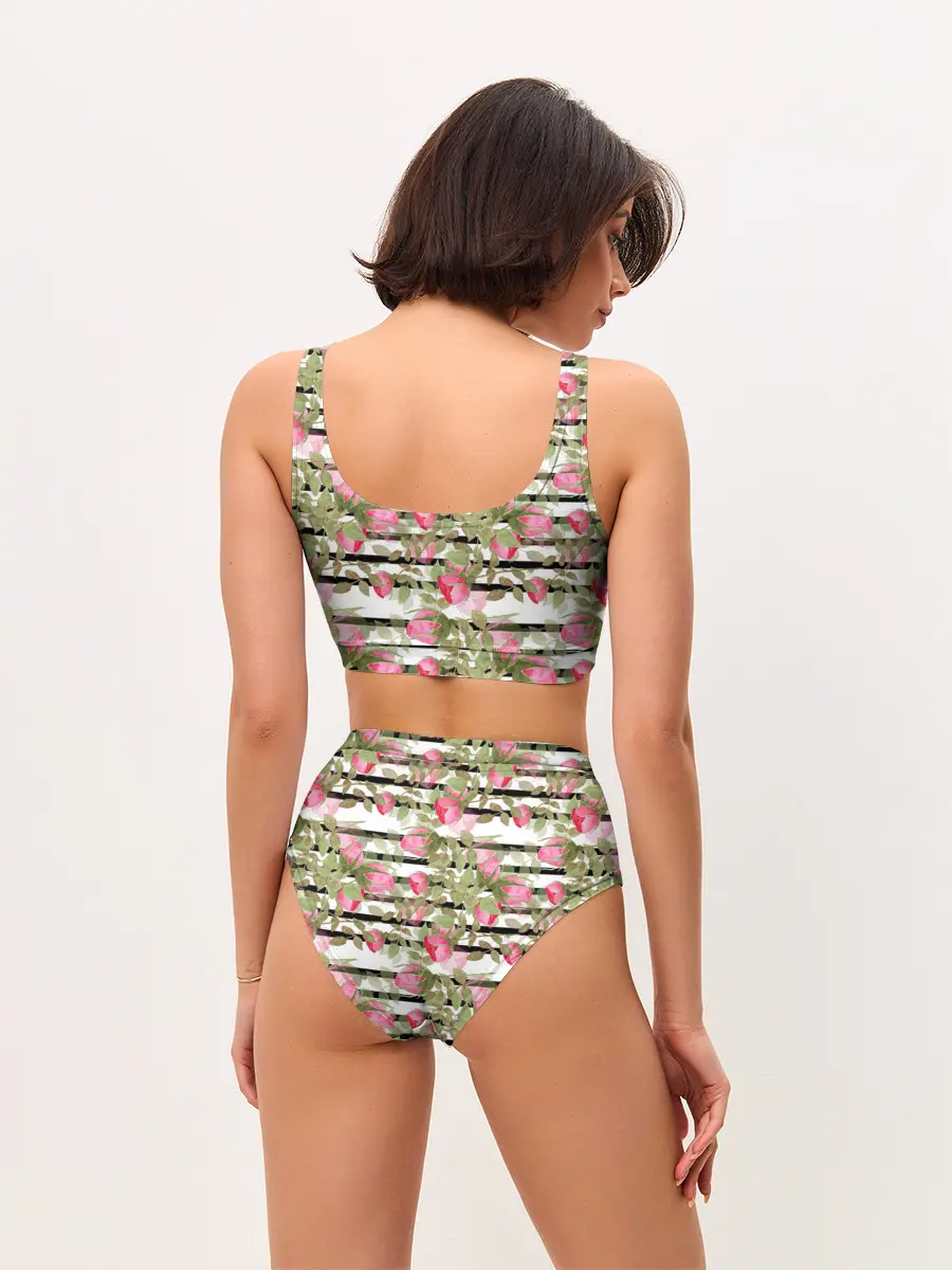 Женские топ и трусы / Акварельные розы на полосатом