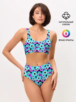Женские топ и трусы / Яркие бирюзовые цветы