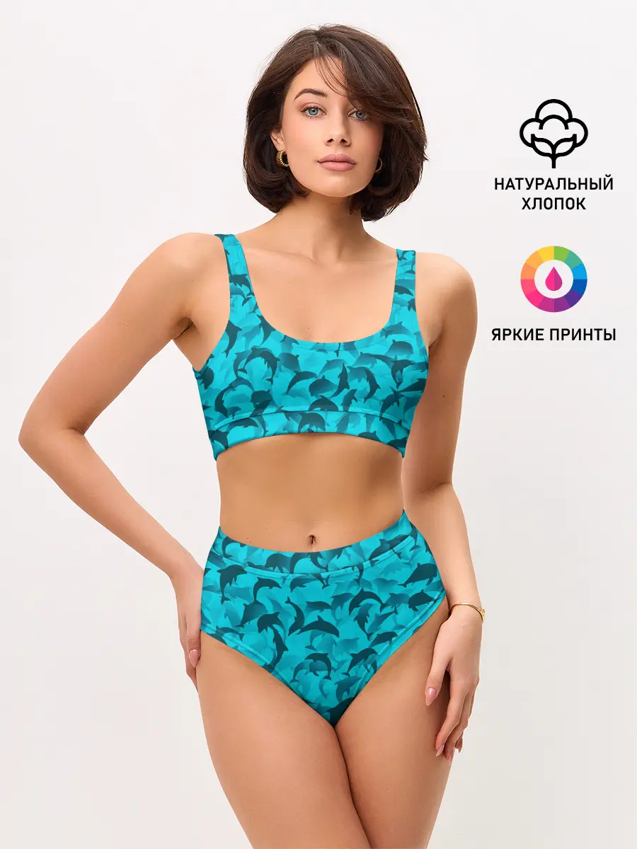 Женские топ и трусы / Синий камуфляж с дельфинами