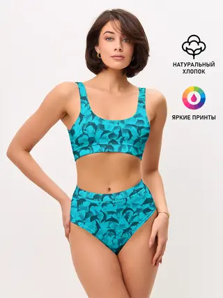 Женские топ и трусы / Синий камуфляж с дельфинами