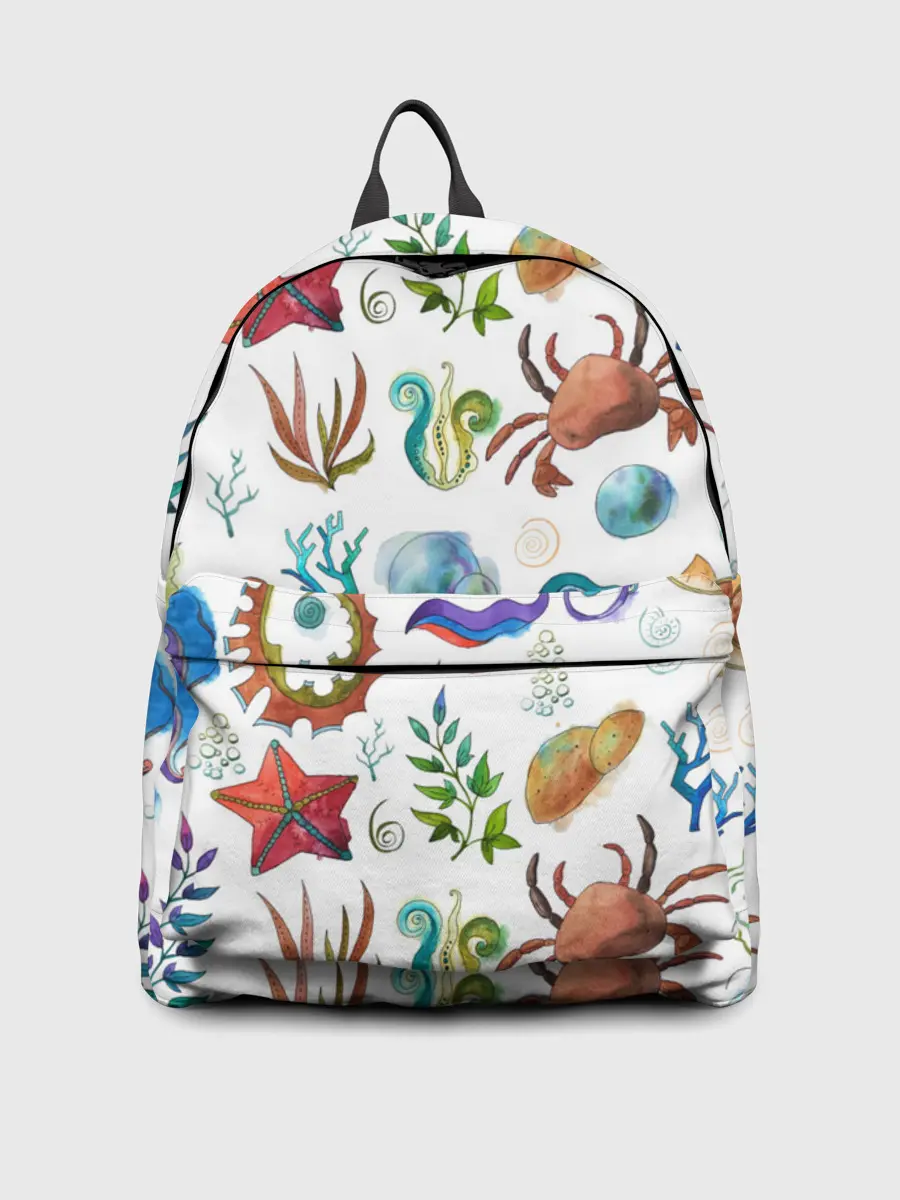 Рюкзак джинсовый / Морской паттерн с крабами и водорослями