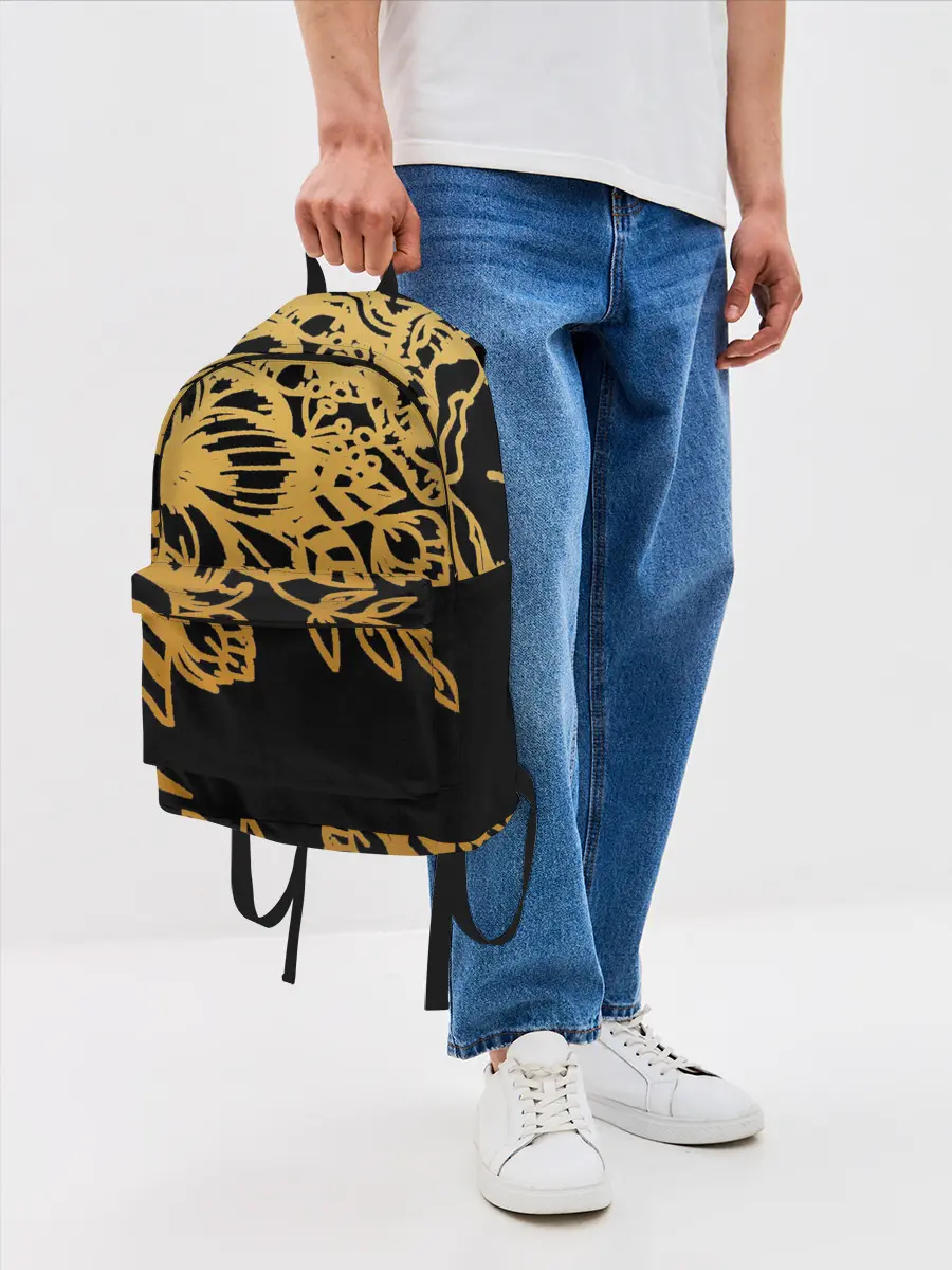 Рюкзак джинсовый / Золотые цветы на белом