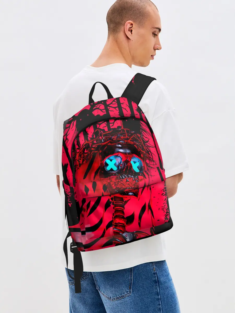 Рюкзак джинсовый / Красный скелет в диком лесу