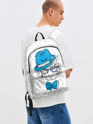 Рюкзак джинсовый / Белый тигр в синей шляпе