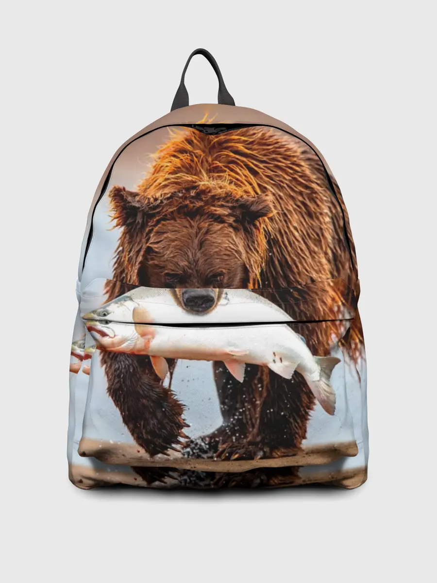 Рюкзак джинсовый / Медведь с рыбой во рту