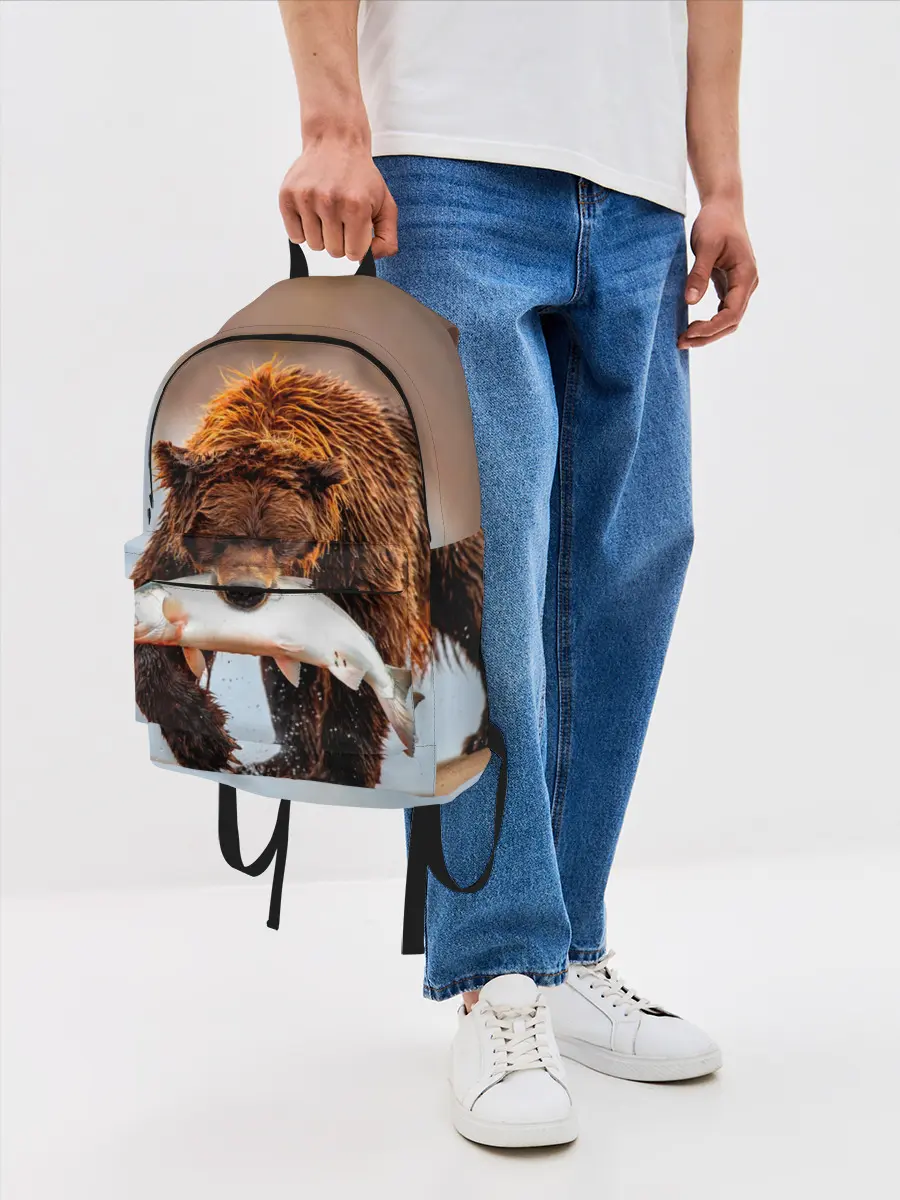 Рюкзак джинсовый / Медведь с рыбой во рту