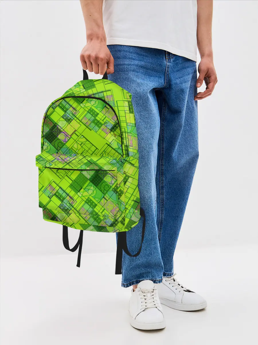 Рюкзак джинсовый / Ярко-зеленый абстрактный узор
