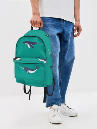 Рюкзак джинсовый / Нарвал, киты, касатка паттерн