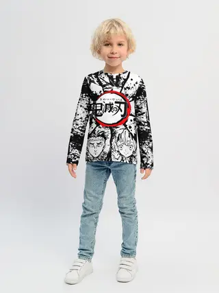 Детский лонгслив / Kimetsu no yaiba чернобелый коллаж