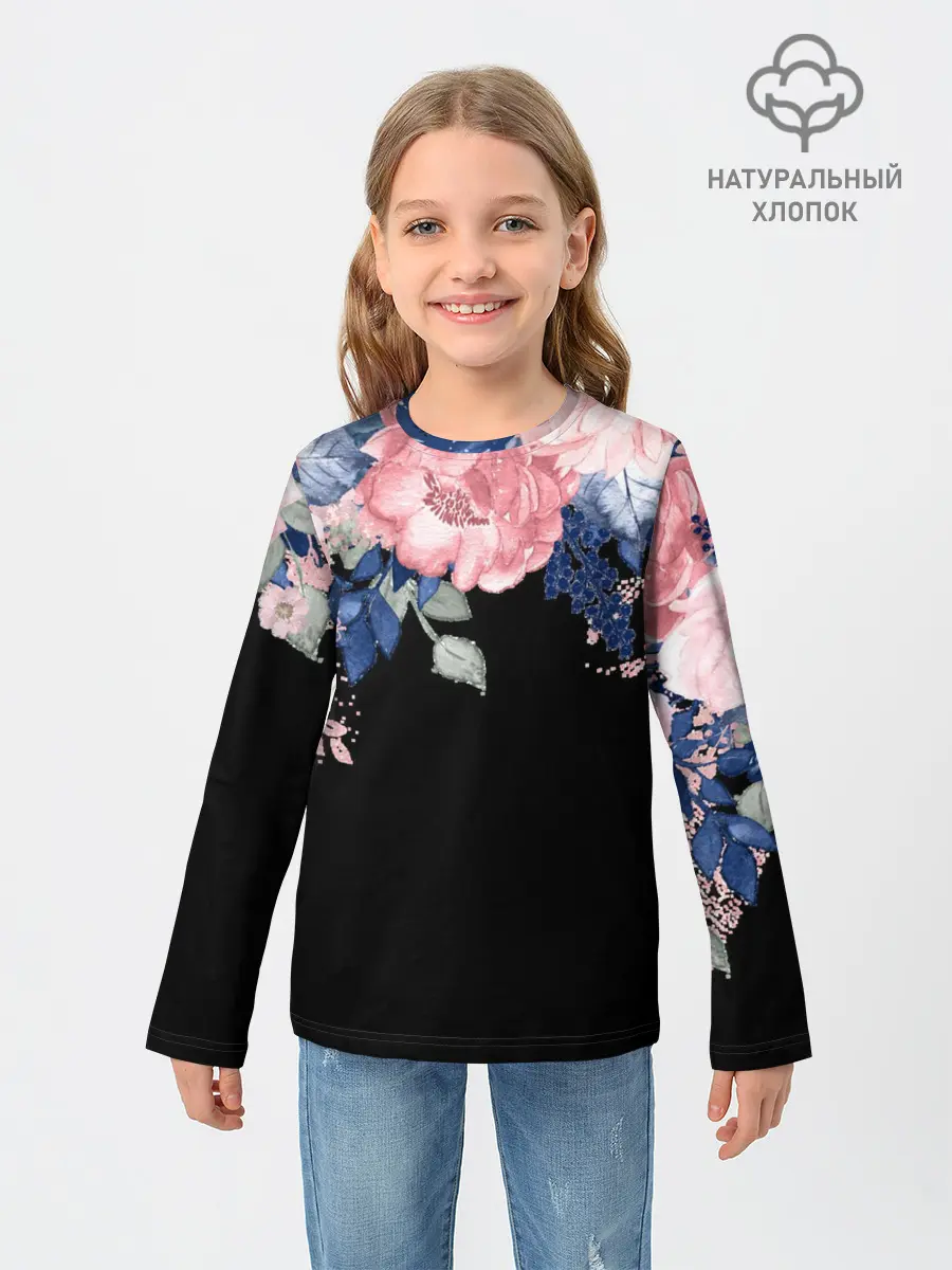 Детский лонгслив / цветы на черном