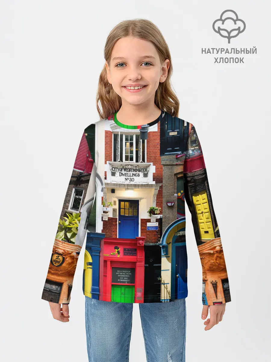 Детский лонгслив / London doors цифровой коллаж