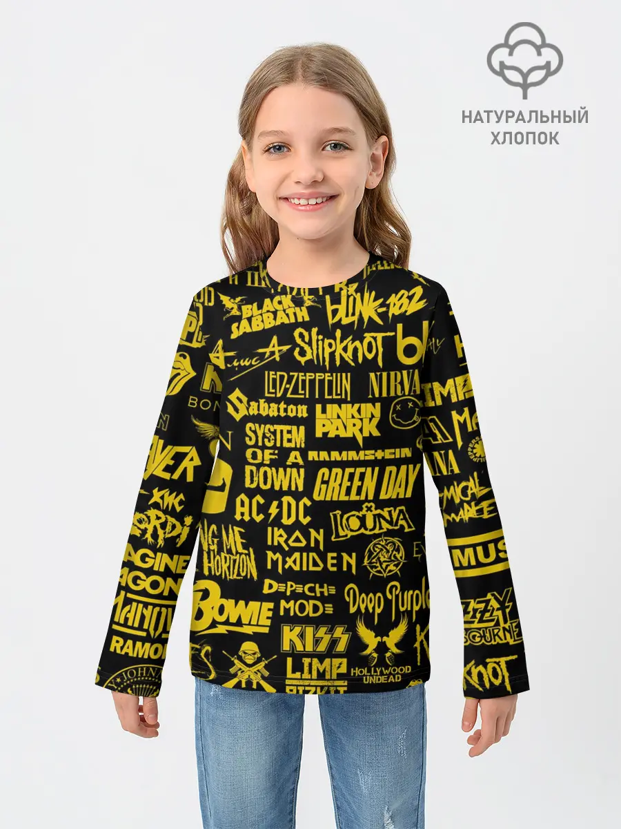 Детский лонгслив / Логотипы рок групп GOLD