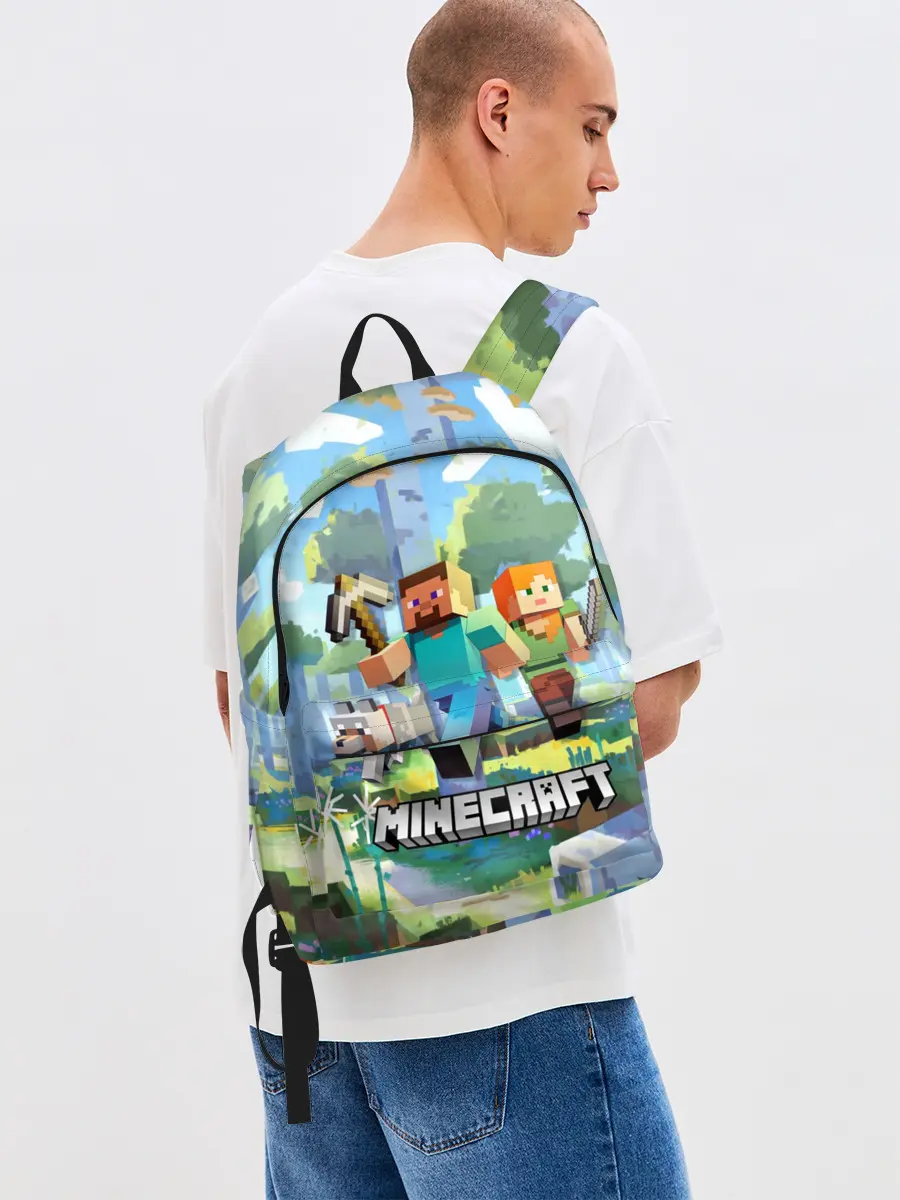 Рюкзак джинсовый / Манйкрафт, березовый лес