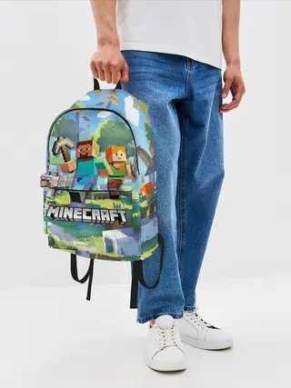 Рюкзак джинсовый / Манйкрафт, березовый лес