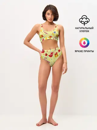 Женские топ и трусы / Новогодний узор на желтом фоне