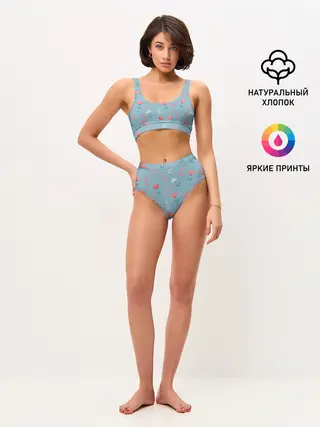 Женские топ и трусы / Цветочки и листики на голубом