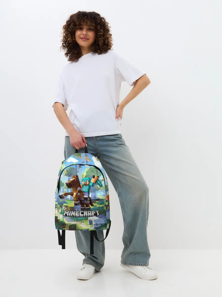 Рюкзак джинсовый / Майнкрафт на коне в березовом лесу