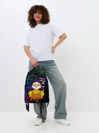 Рюкзак джинсовый / ИГРА В КАЛЬМАРА / SQUID GAME / КУКЛА / УЗОР