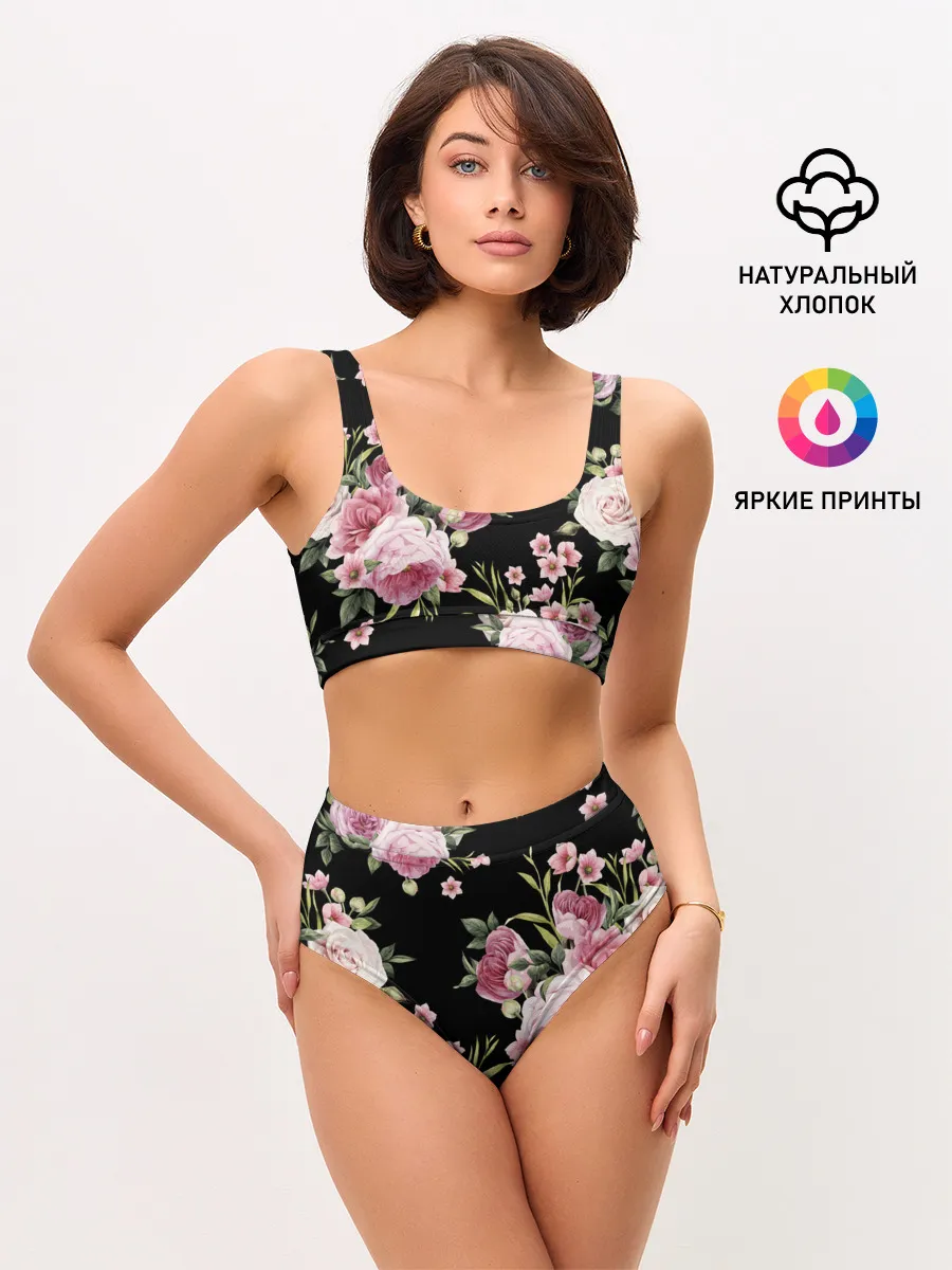 Женские топ и трусы / Пионы на Чёрном